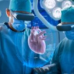 Surgeons Perform Heart Surgery Using Augmented Reality Technology. Difficult Heart Transplant Operation Using 3D Animation and Gestures. Interactive Animation Shows Vital Signs. Futuristic Hospital.