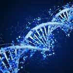 Digital 3D DNA helix with particles and molecules background – Innovation, modern medicine, technology and human genome concept